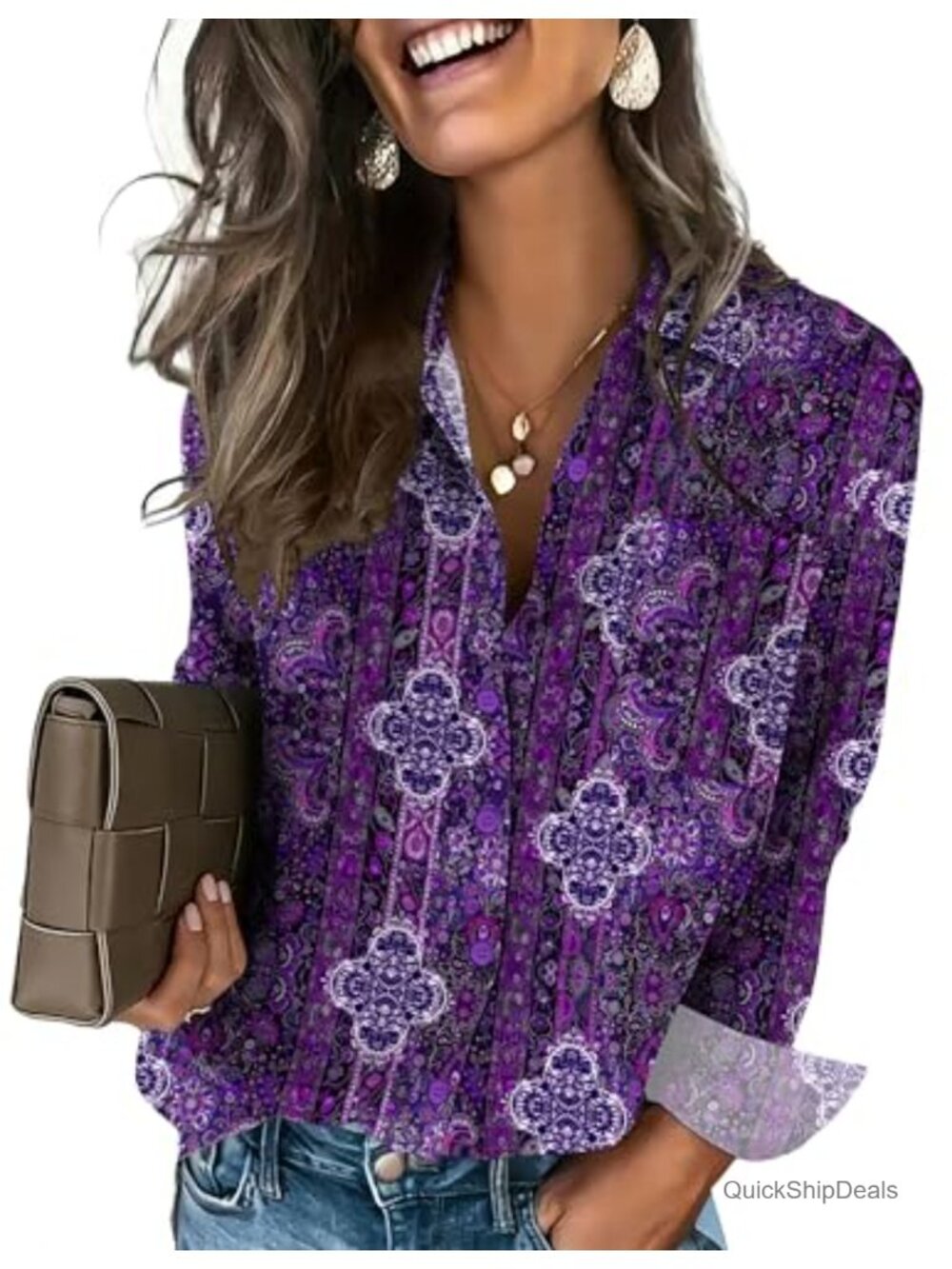 HOTOUCH Women's Button Down Shirt Long Sleeve V-Neck Blouse Casual Work Top